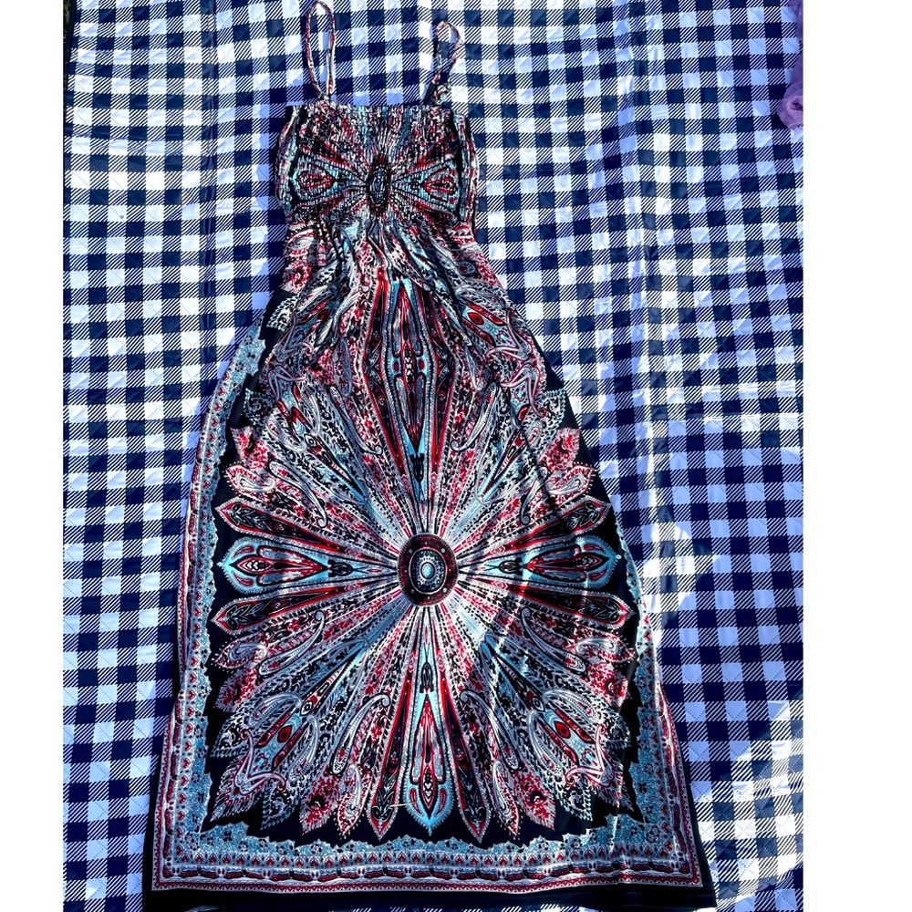 colorful maxi dress with matching print on front and back